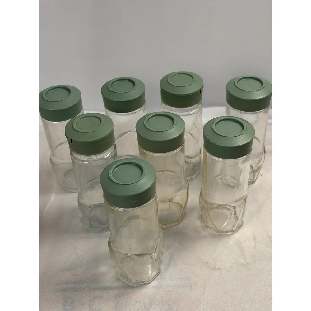 Vintage Set of 8 Glass McCormick Spice Jars with Sage Green Shaker Clear Faceted